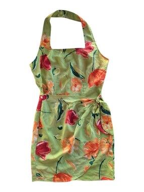 Vintage Y2K Floral Halter Mini Dress Lime Green Floral Print Wrap Style Size 8